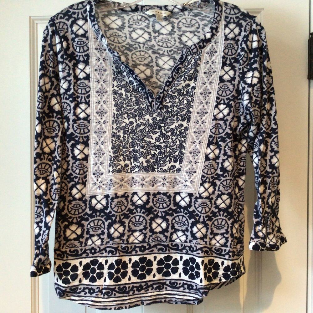 Lucky Brand V-neck Blue/White Top Sz S